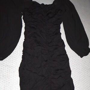 Black Bodycon Dress with Ruched Texture and Long Bishop Sleeves for Cocktail